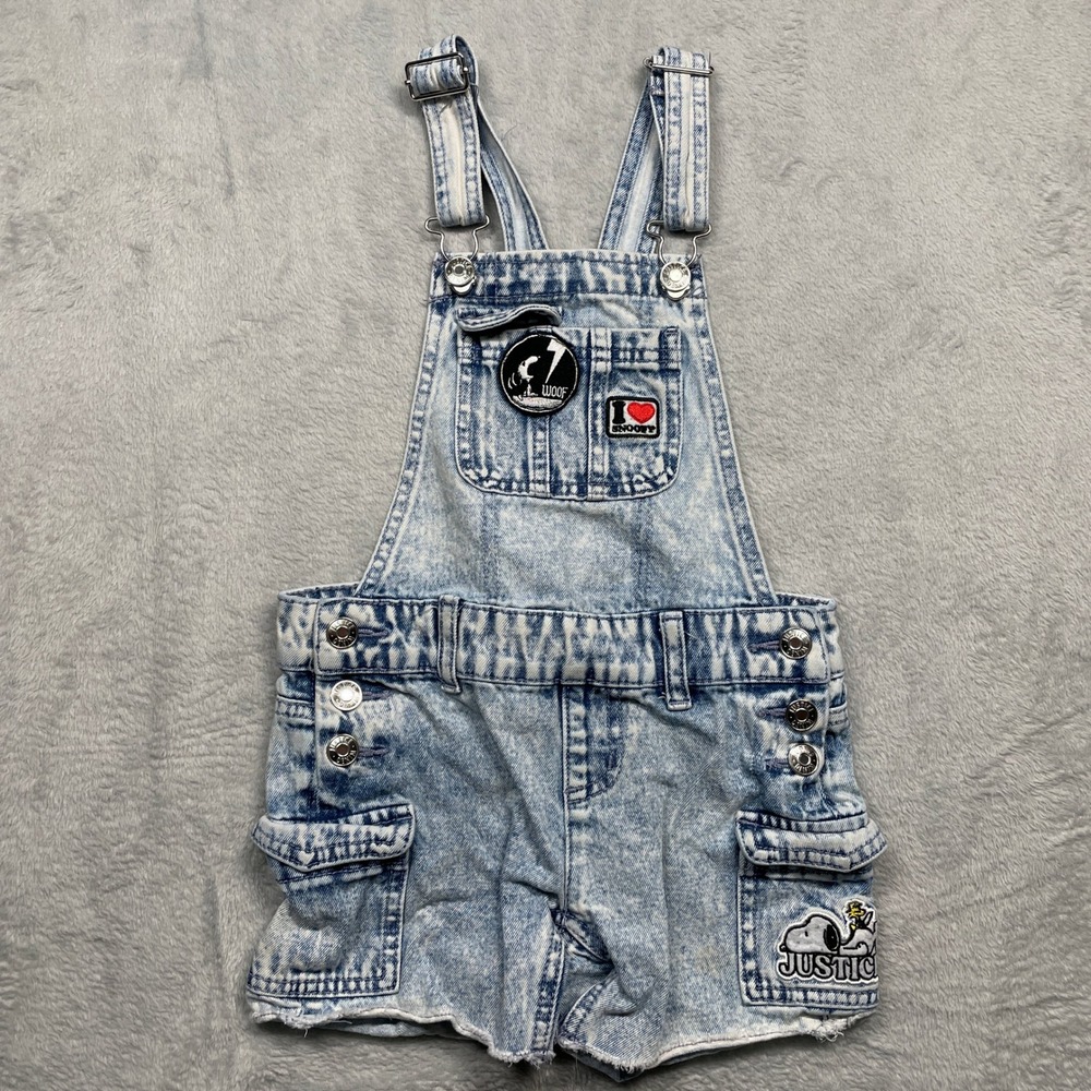 Justice Peanuts Snoopy Denim Shortalls Kids Size 6 Acid Wash Blue Patches